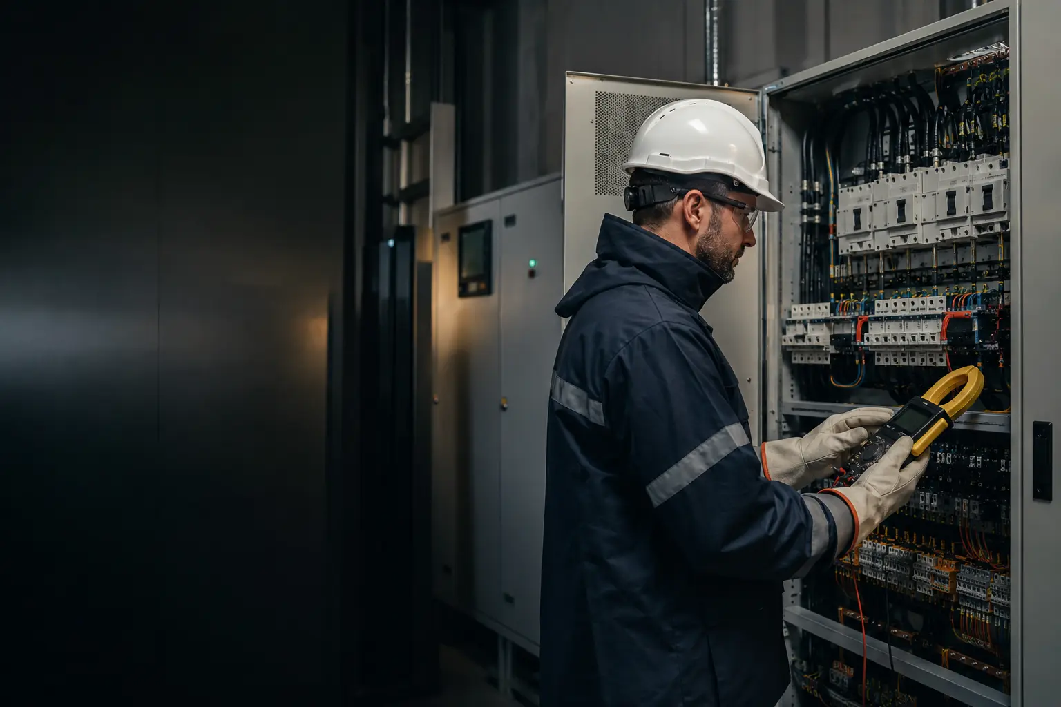 Engenheiro realizando inspeção elétrica em painel industrial para NR-10