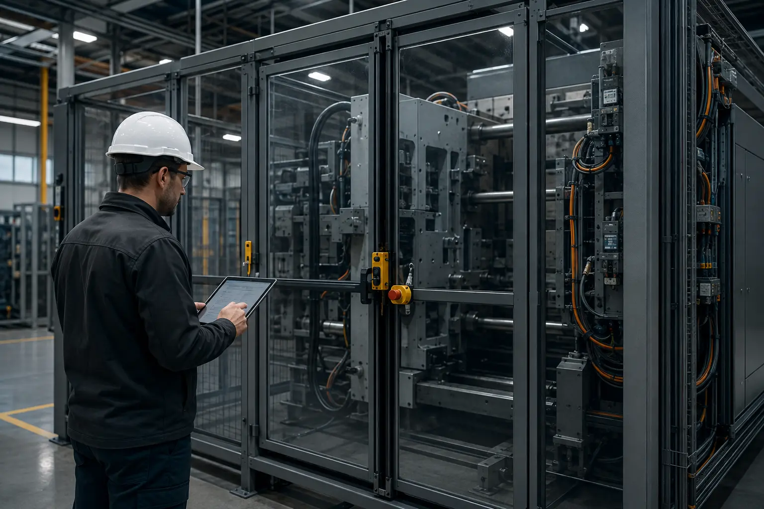 Engenheiro avaliando proteções e intertravamentos de máquina para NR-12
